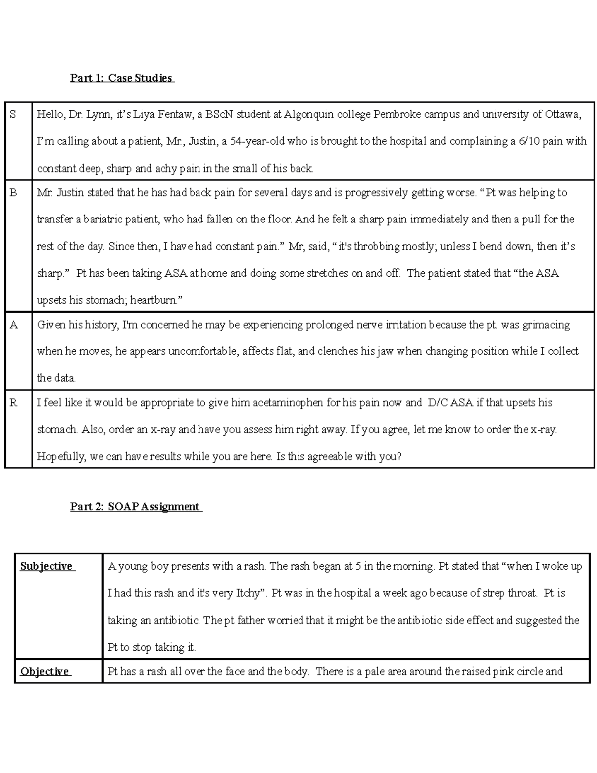 Fentaw Liya Nursing SBAR & SOAP Case Study Analysis (BScN) - Studocu