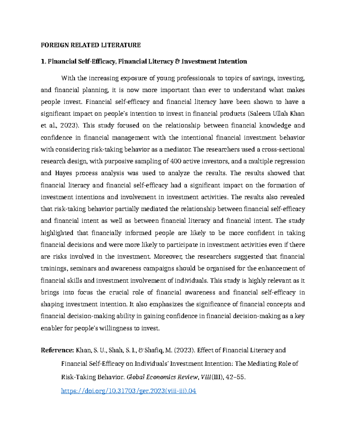 RRL Notes: Financial Literacy & Investment Intention Analysis - Studocu