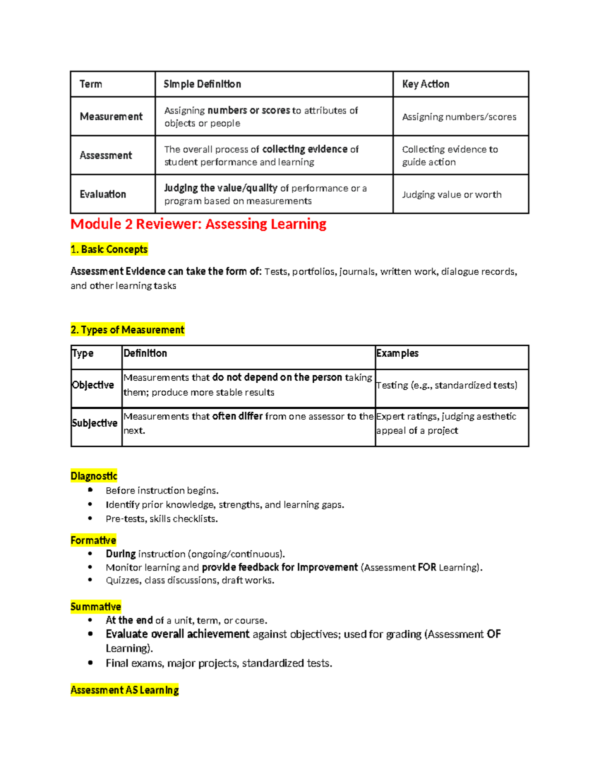 Educ-75 Module Review: Key Concepts in Assessment and Learning - Studocu