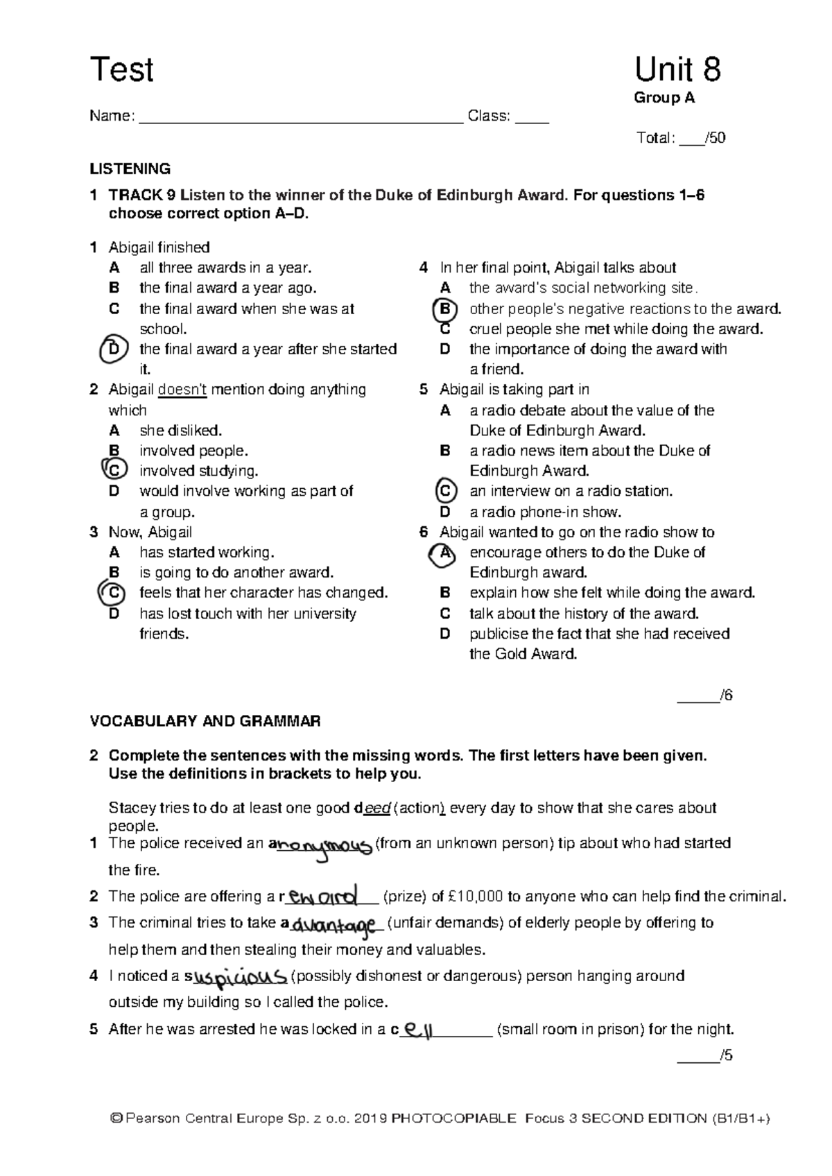 Focus 3 2E Test Unit 8 Group A Listening & Reading Exercises - Studocu