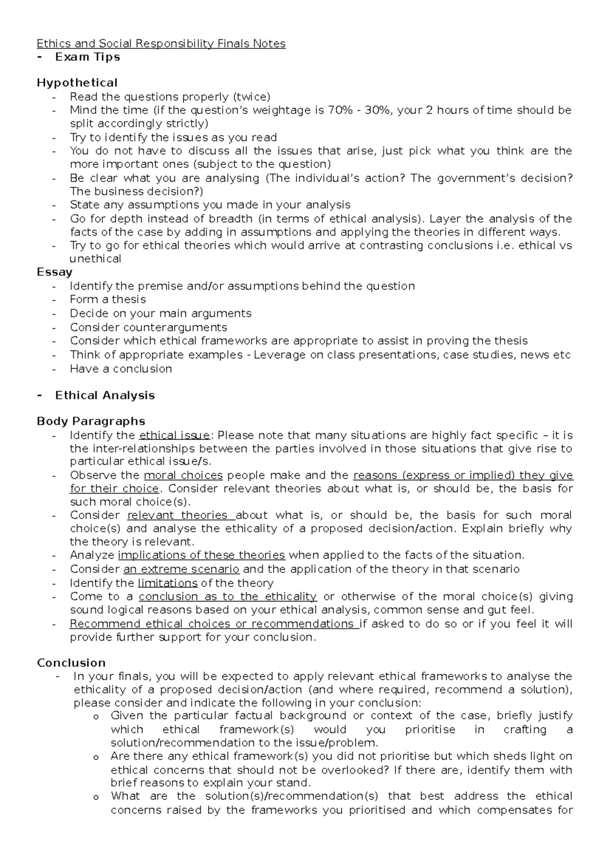 Ethics and Social Responsibility Finals Notes - Layer the analysis of ...