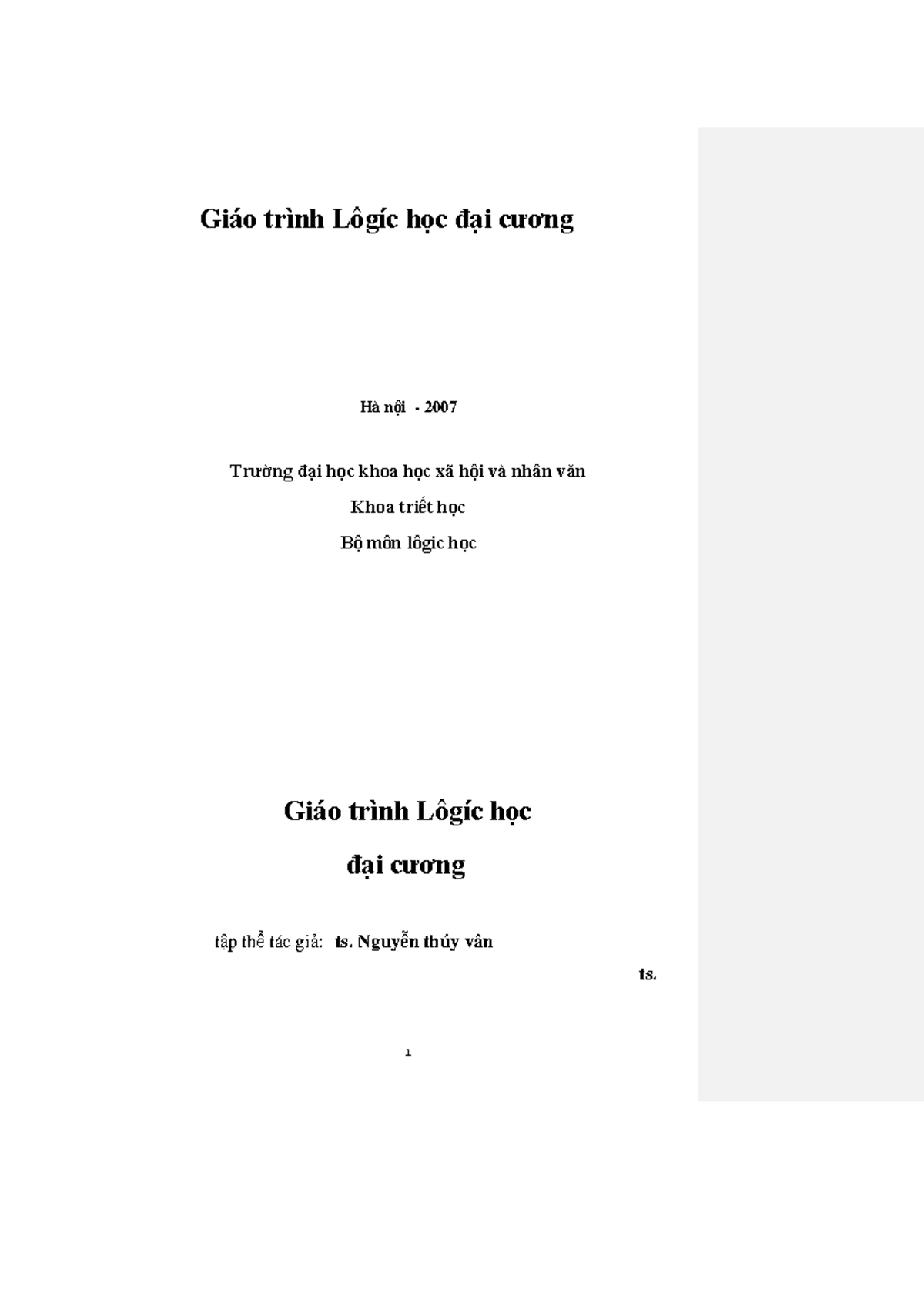 Giáo trình Lôgíc Học Đại Cương - Nguyễn Thúy Vân & Nguyễn Anh Tuấn (Bản Đầy Đủ) - Document Preview