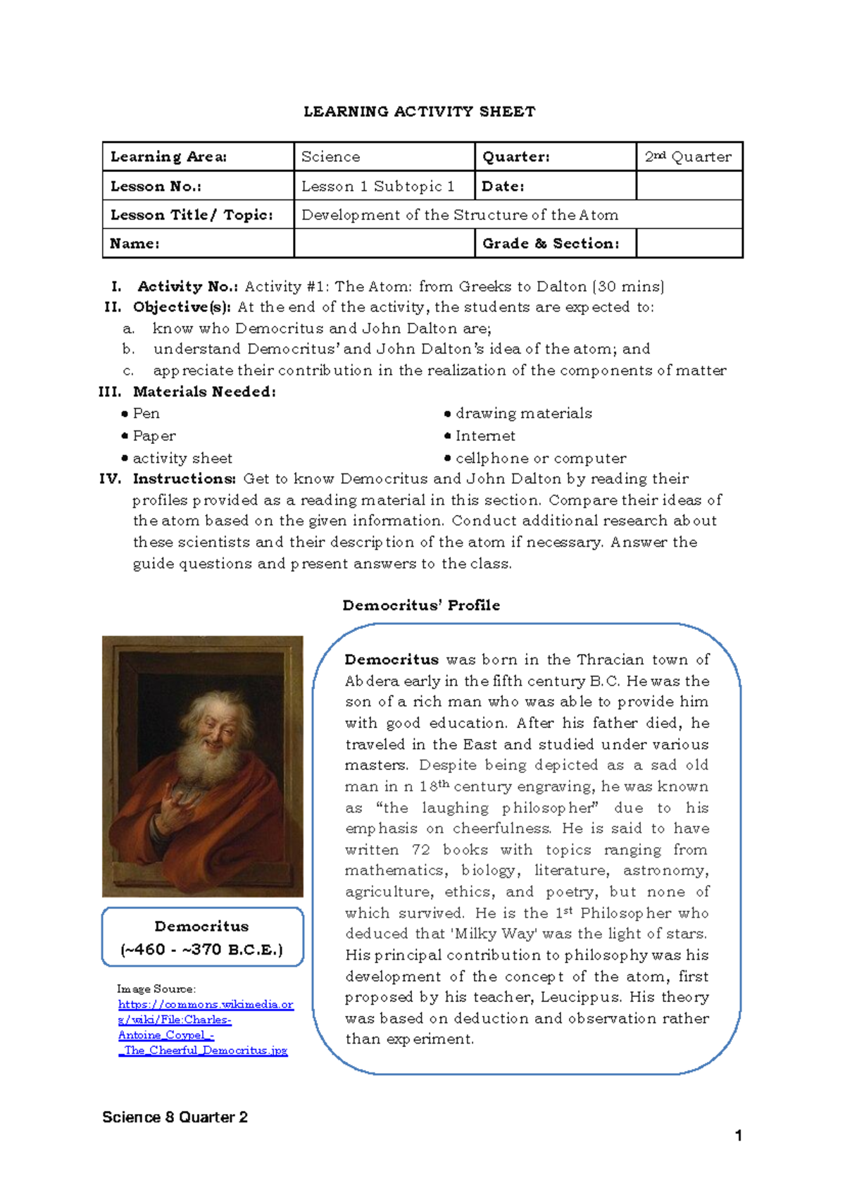Science 8 Q2 Learning Activity: Development of the Atom Structure - Studocu