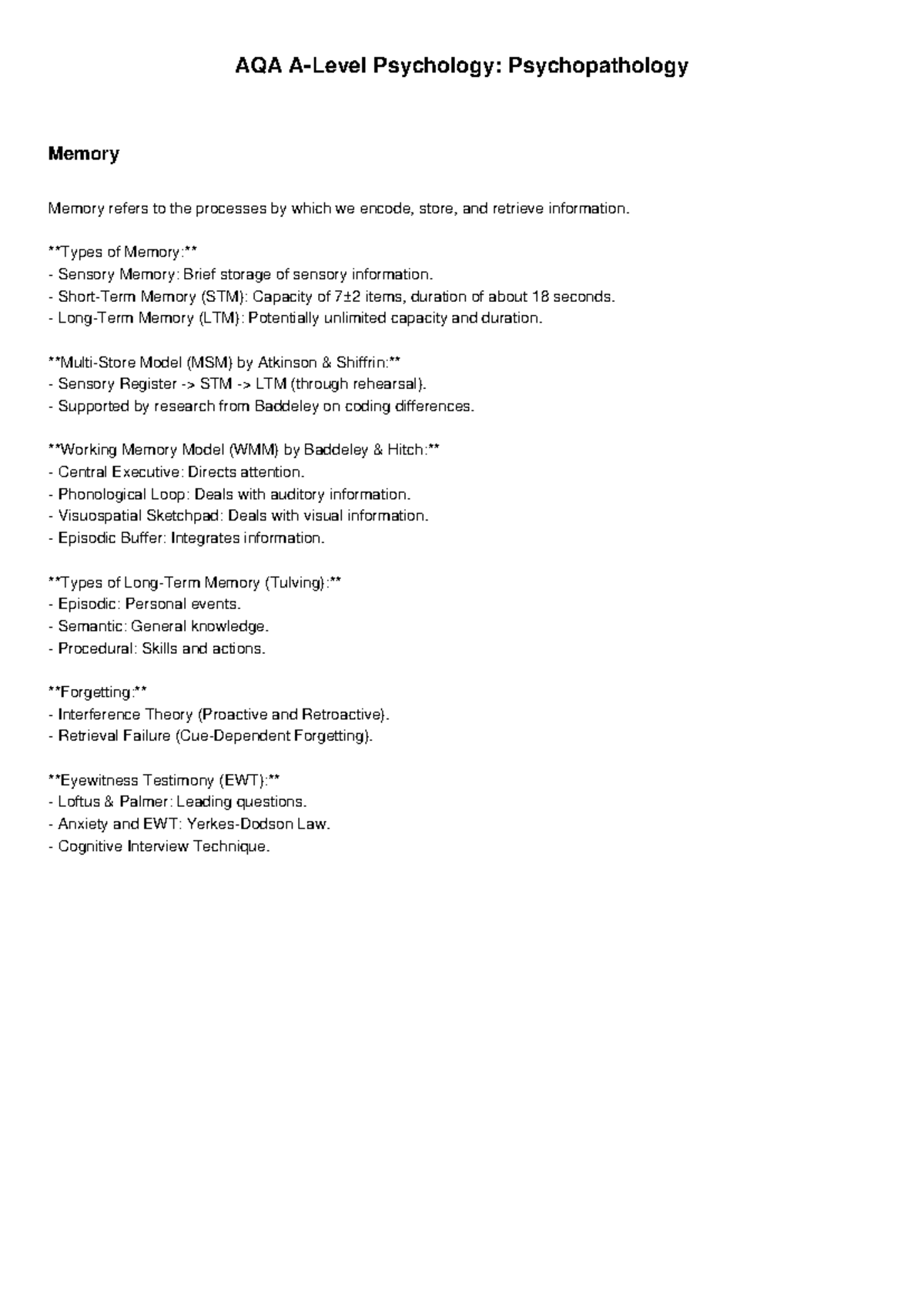 AQA A Level Psychology Memory - AQA A-Level Psychology: Psychopathology ...