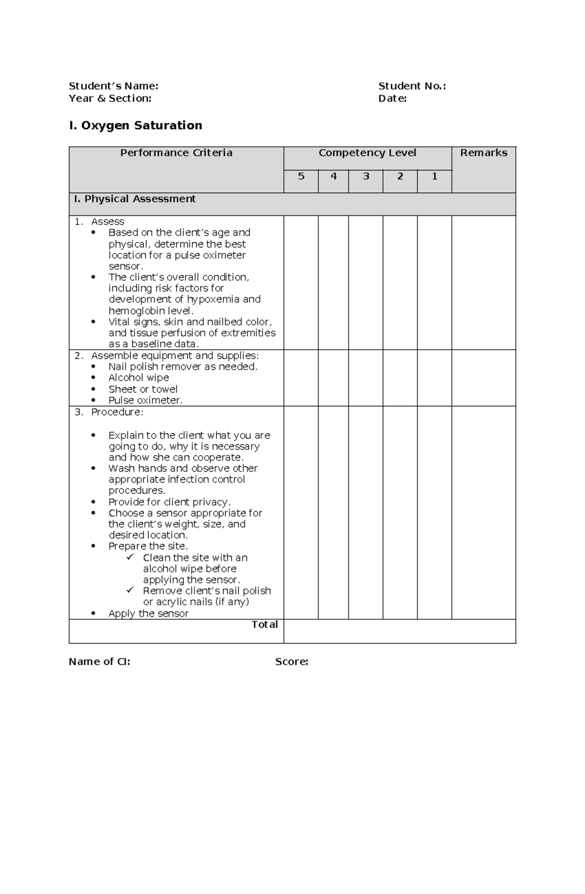 Oxygenation - Checklist - Student’s Name: Student No.: Year & Section ...