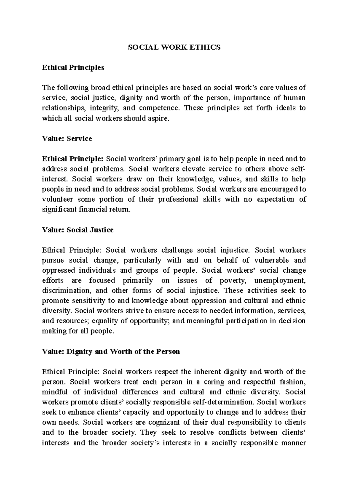 Social WORK Ethics - Lecture Notes on Ethical Principles and Standards ...