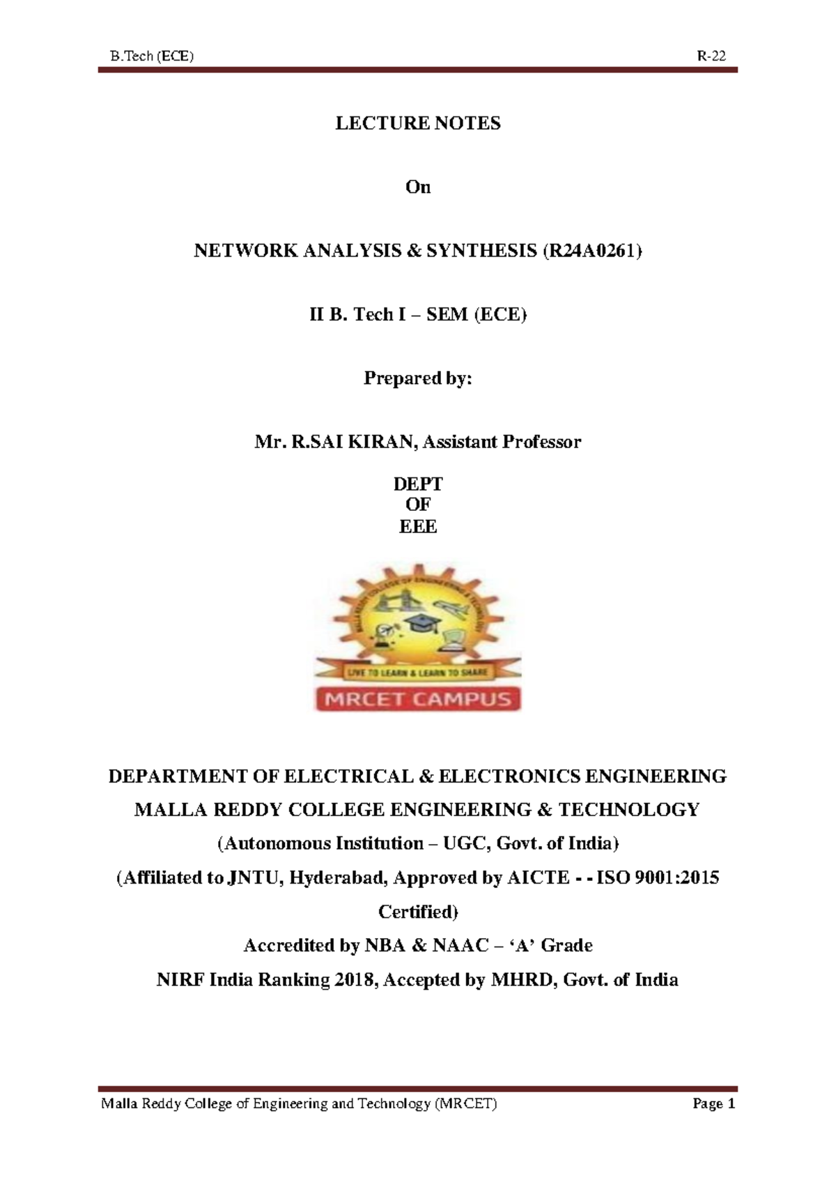 B.Tech (ECE) II Sem LECTURE NOTES on NETWORK ANALYSIS & SYNTHESIS ...