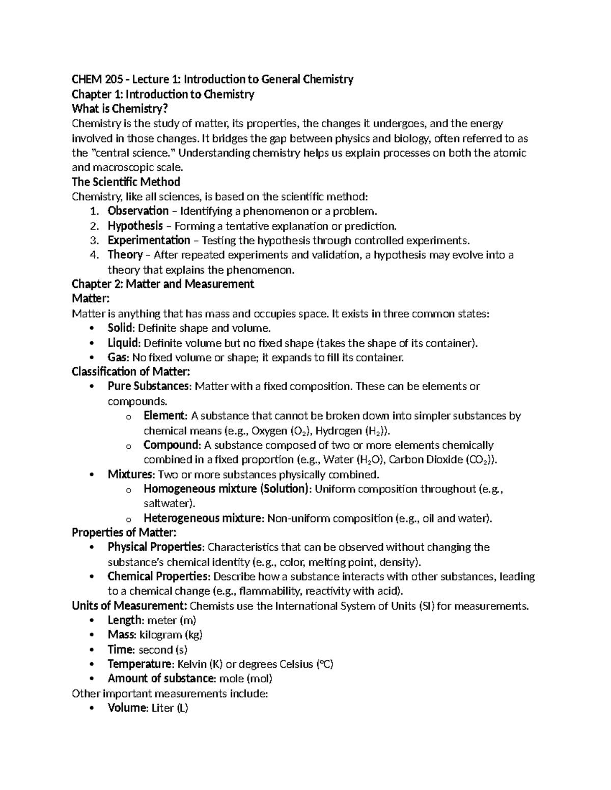 CHEM 205 Lecture 1: Intro to General Chemistry Overview - Studocu