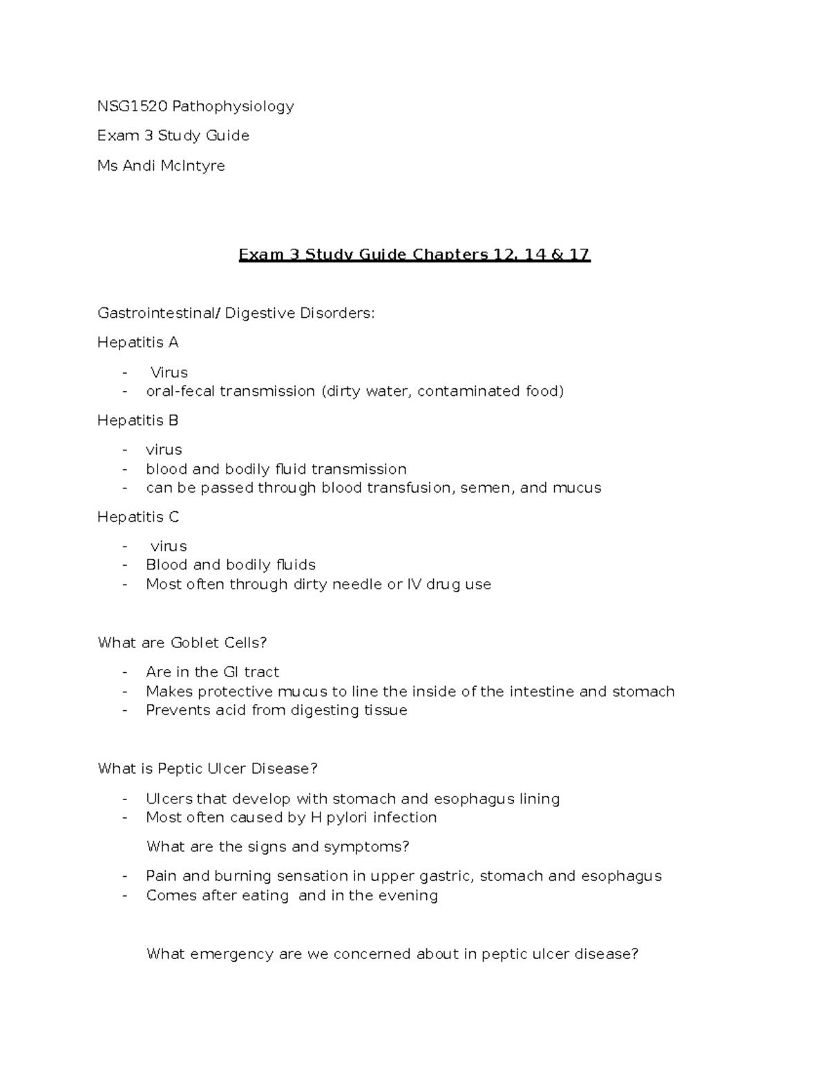 NSG1520 Pathophysiology Exam 3 Study Guide: Digestive & Cardiovascular ...