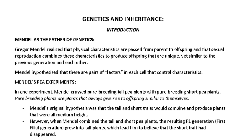 GEN 101: Genetics Summary Notes on Mendelian Inheritance and Concepts ...