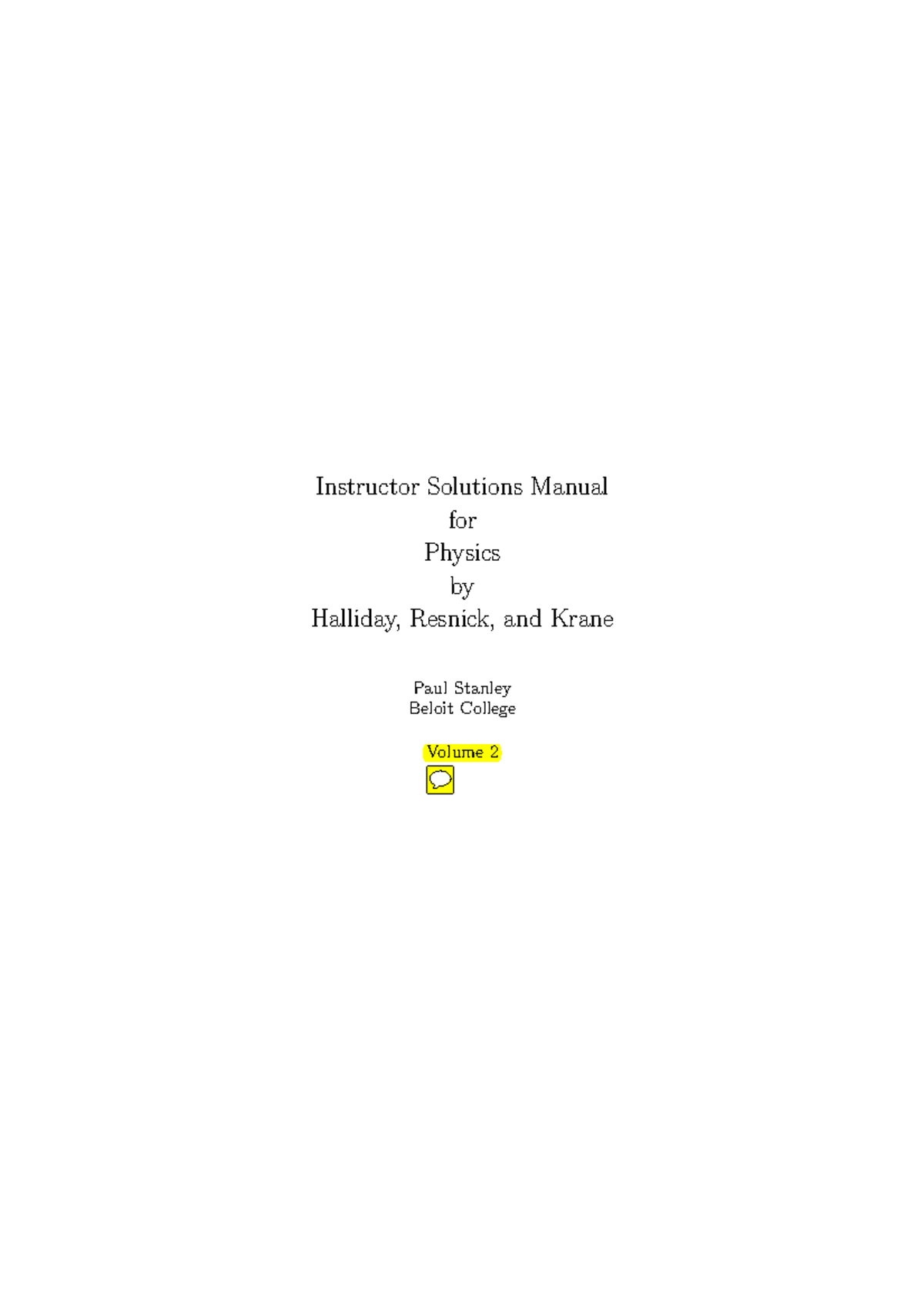 Instructor Solutions Manual for Physics (Halliday, Resnick, Krane) Vol ...