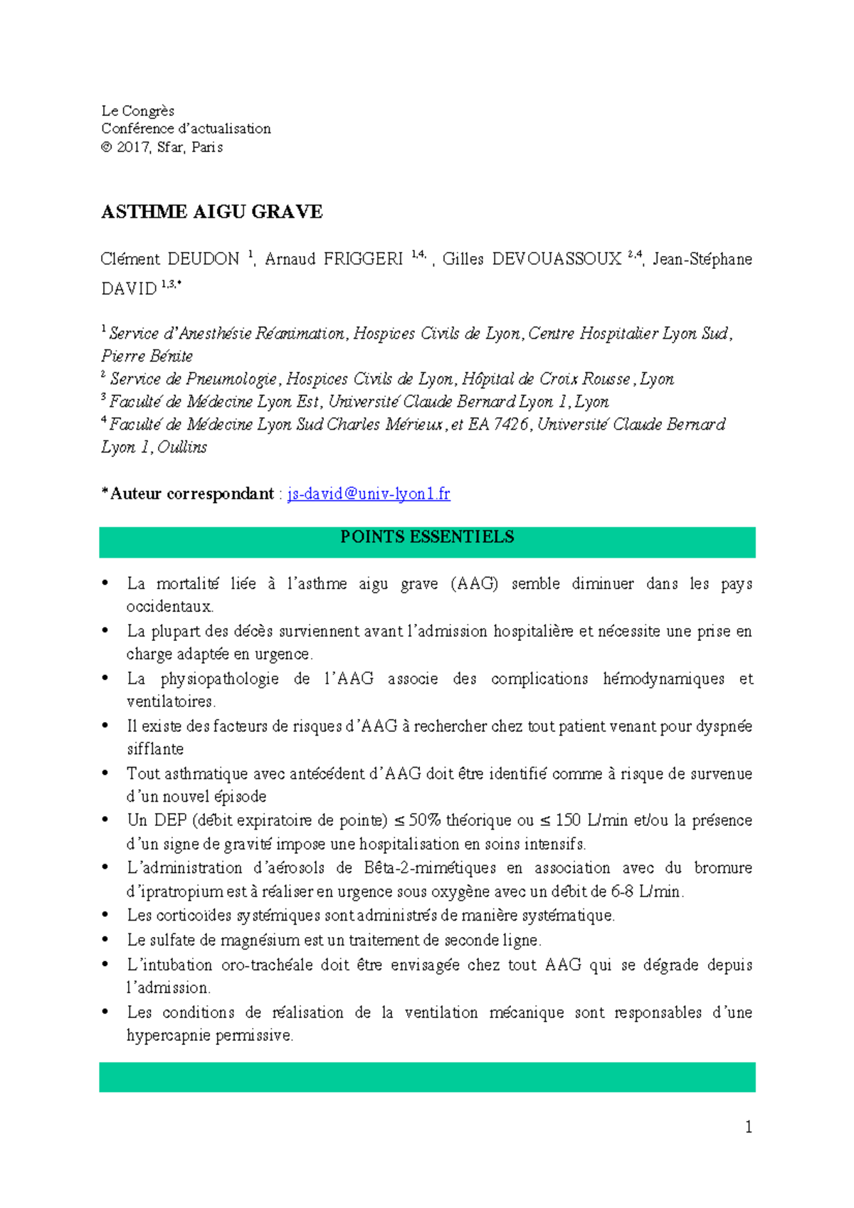 David - Asthme AIGU Grave: Prise en Charge et Épidémiologie - Studocu