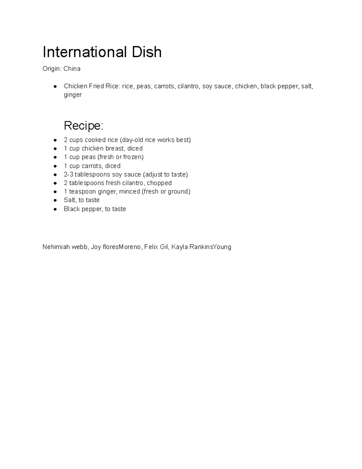 International Dish - notes - International Dish Origin: China Chicken ...