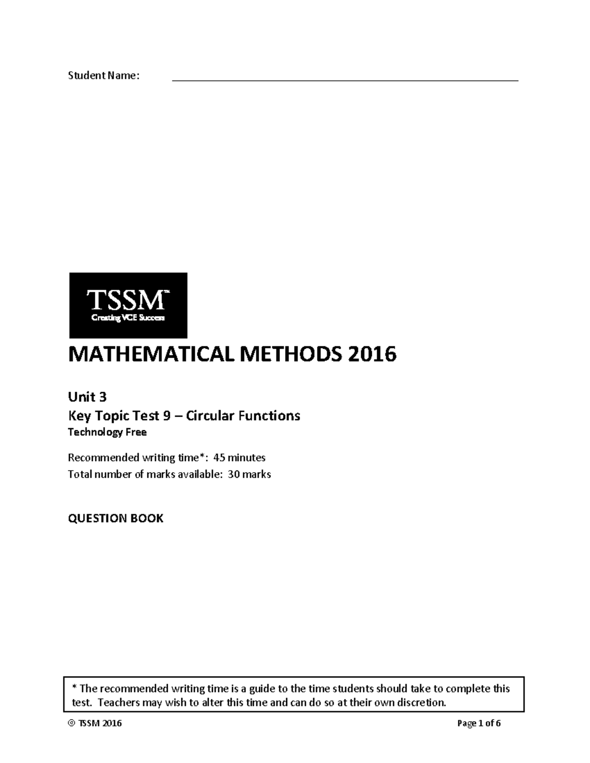 MATHEMATICAL METHODS 2016 Unit 3 KTT 9: Circular Functions Test - Studocu