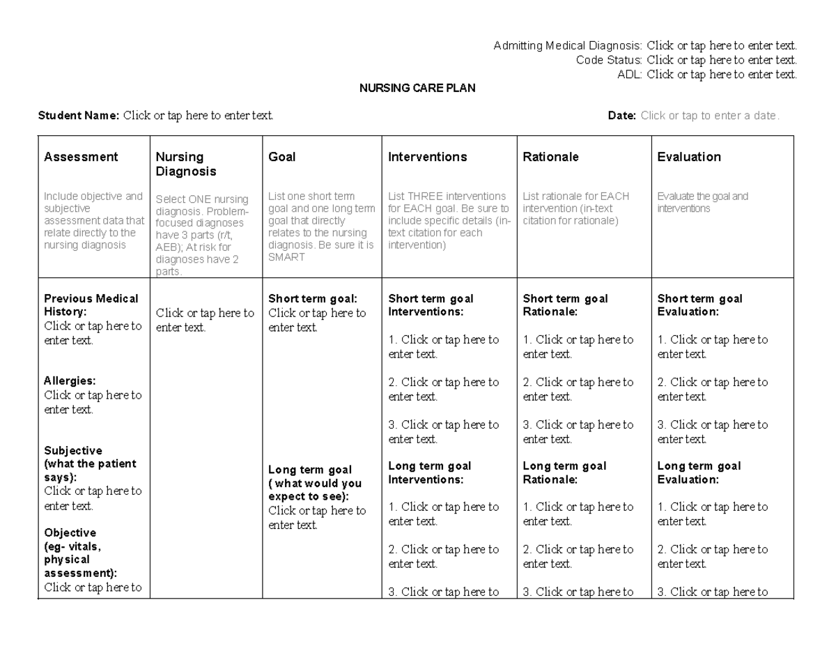 NURS 101 Nursing Care Plan Template for Patient Assessment [2024] - Studocu
