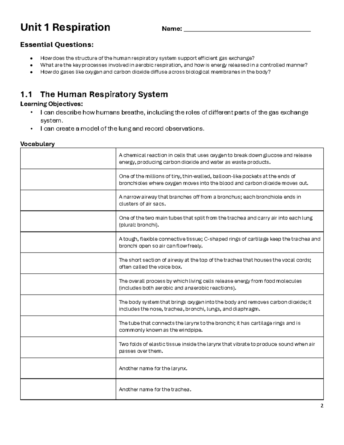 Unit 1: Respiration Guided Notes (Biology 101) - Studocu