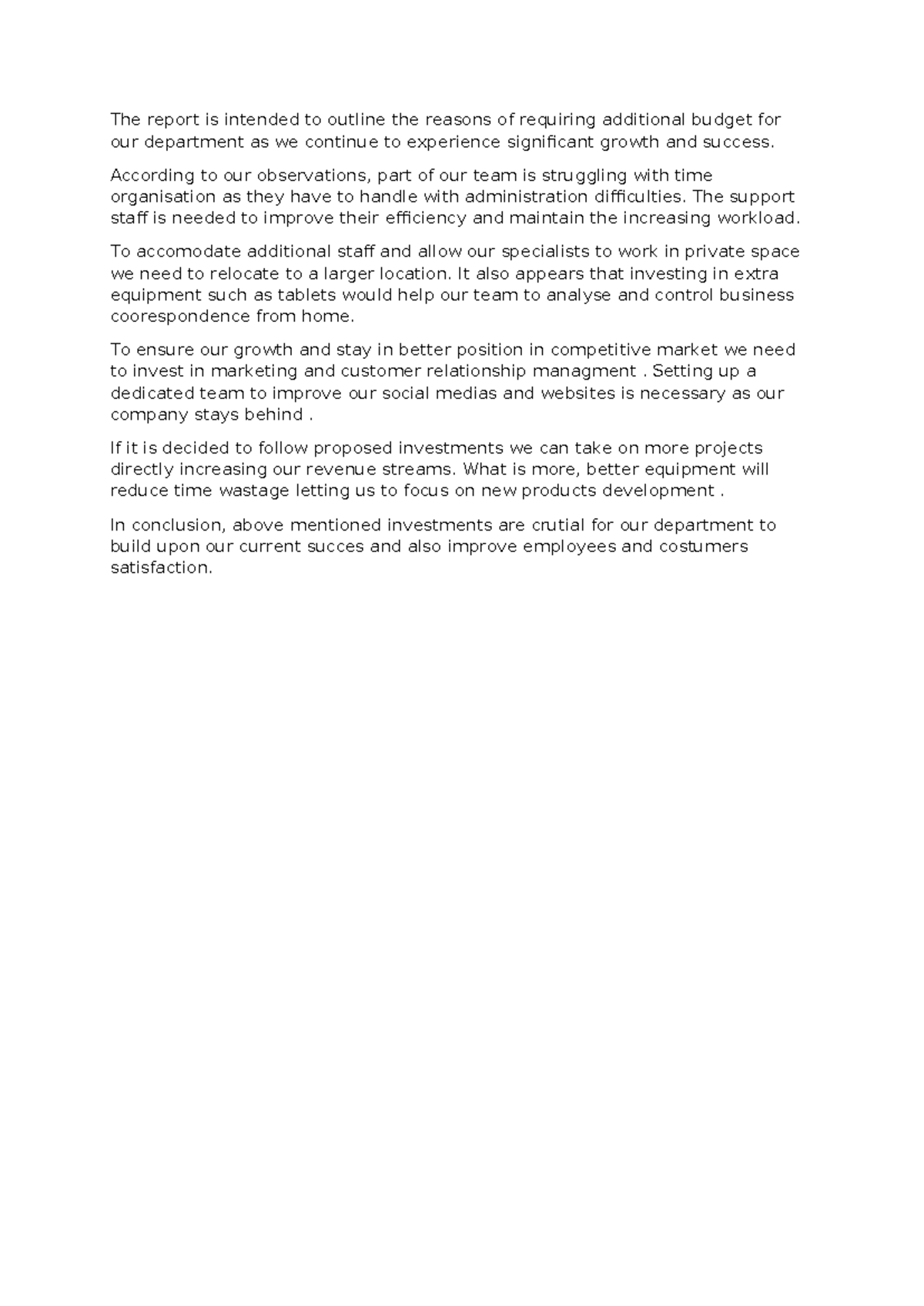 Department Budget Report: Proposal for Growth and Resource Allocation ...