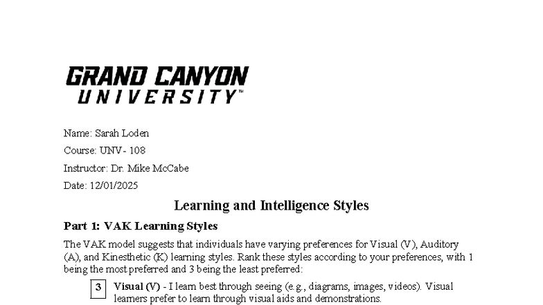 UNV 108 T2 Learning and Intelligence Styles: VAK & Intelligences - Studocu