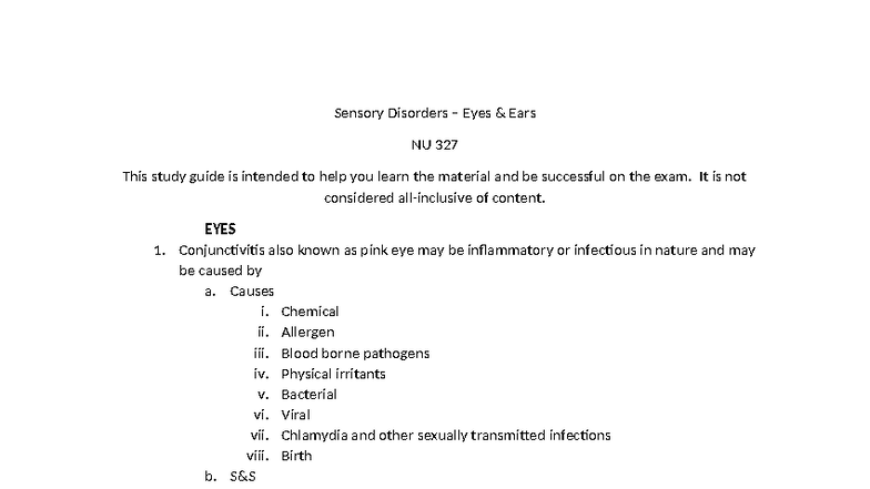 Sensory Disorders: Eyes & Ears Study Guide NU 327 - Studocu