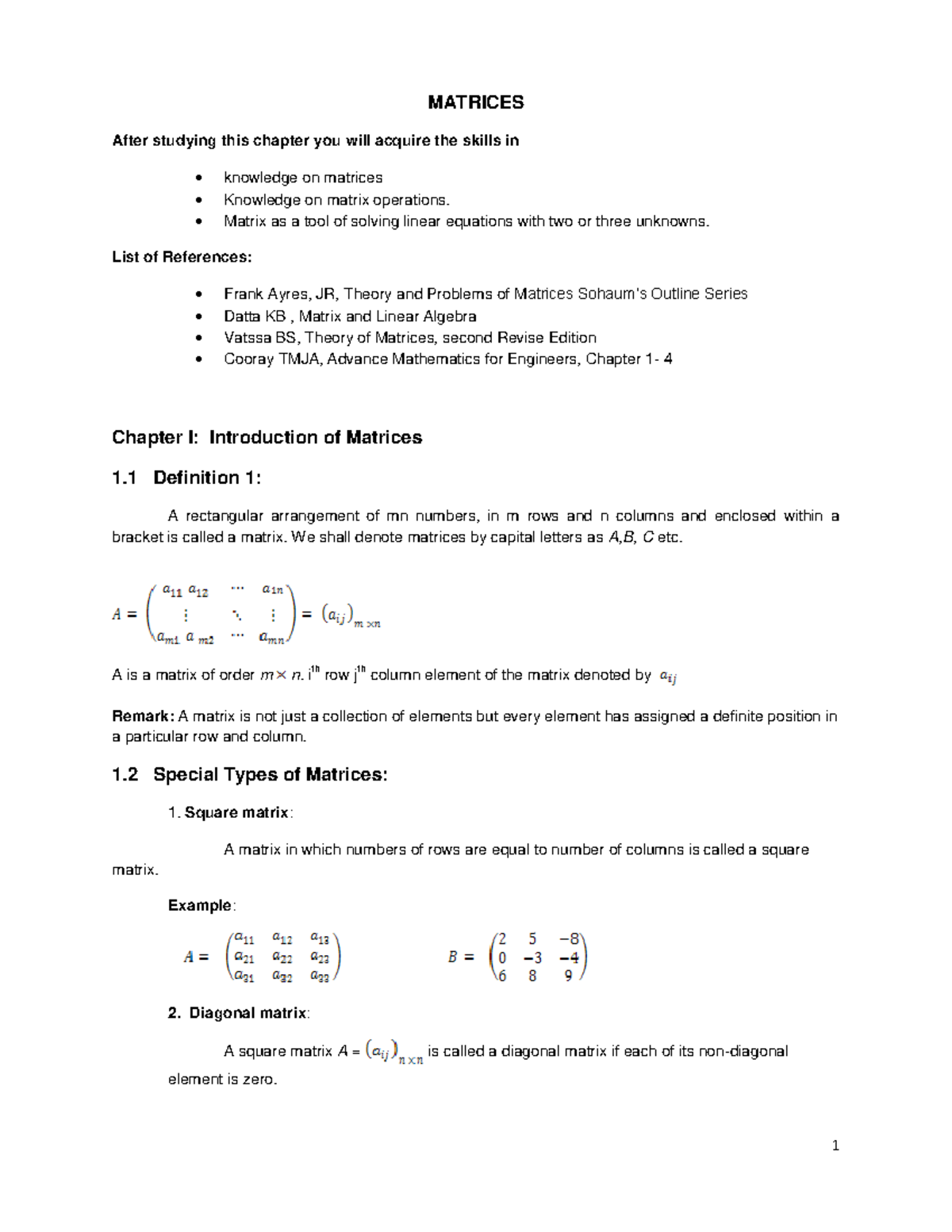 Matrices: Comprehensive Lecture Notes for MATH101 - Studocu