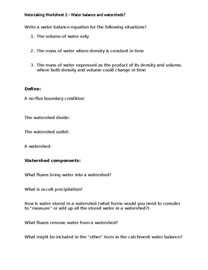 Week 2 Worksheet Answers - Write a water balance equation for the ...