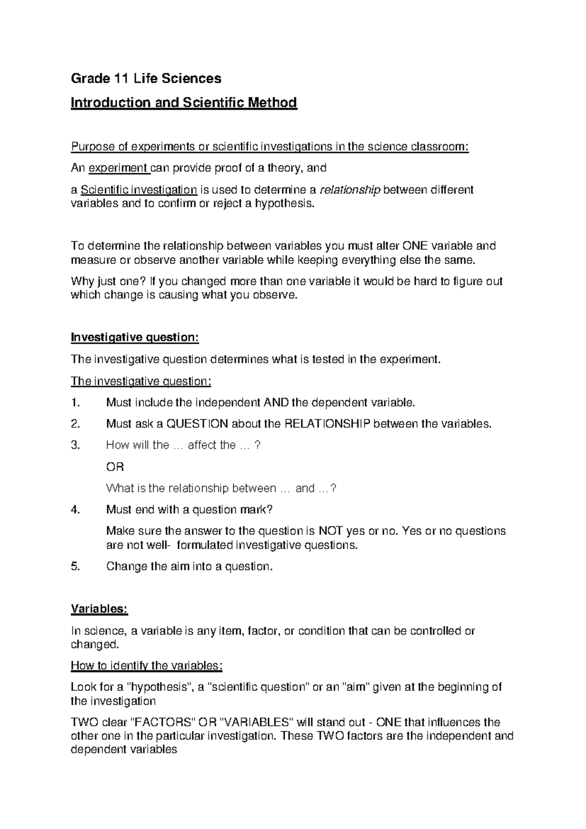 LS GR 11 Scientific Method: Introduction to Experiments and Variables ...