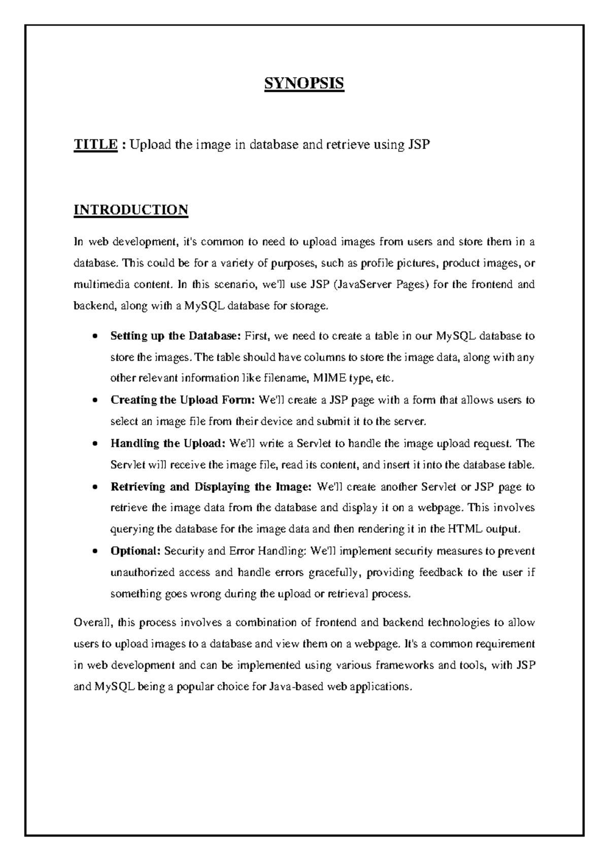 Synopsis - SYNOPSIS TITLE : Upload the image in database and retrieve ...