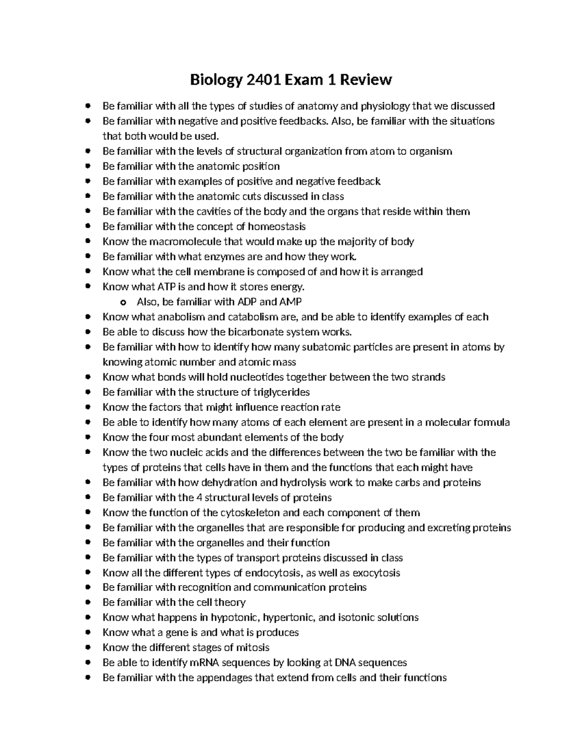 Biology 2401 Exam 1 Comprehensive Study Guide - Studocu