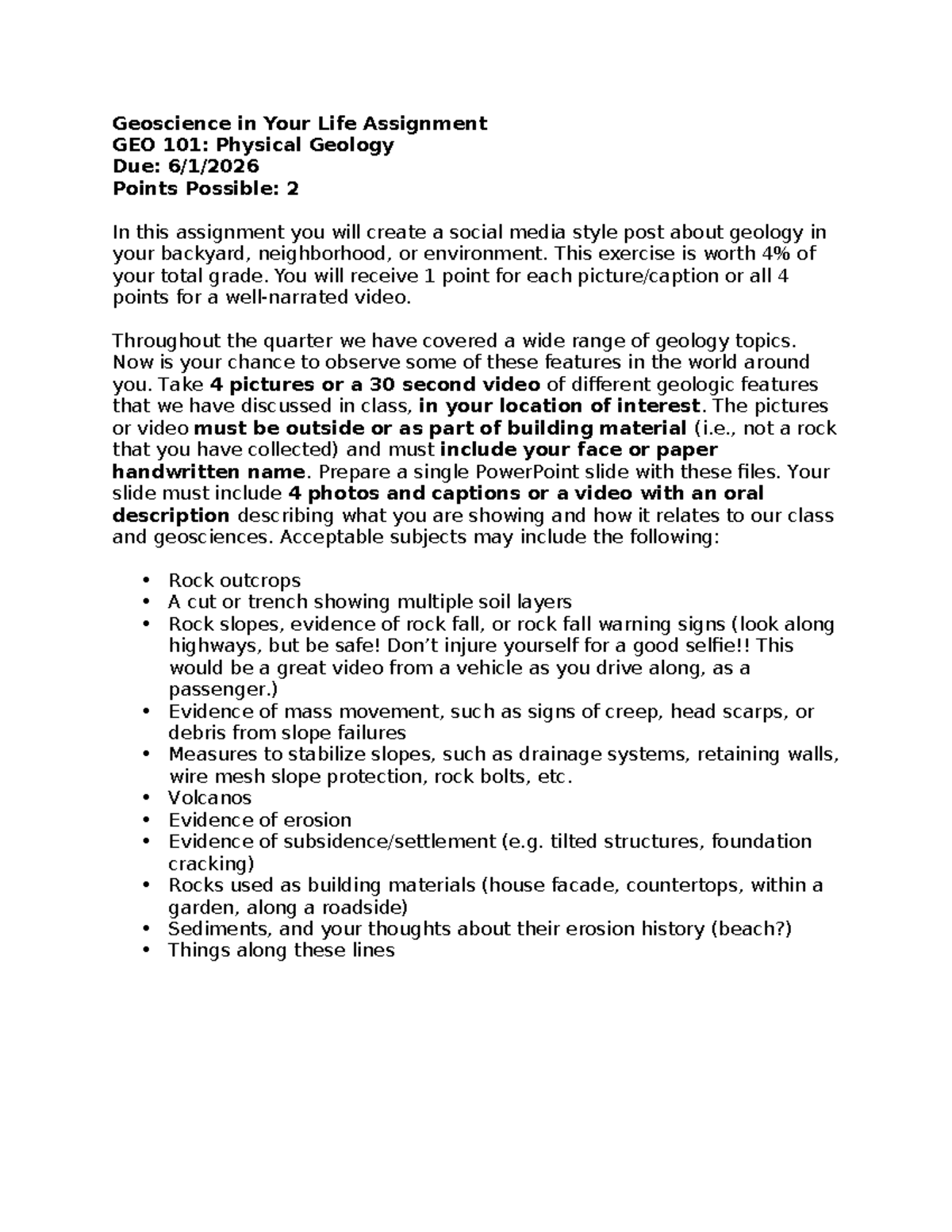Geoscience in Your Life Assignment - GEO 101: Physical Geology - Studocu