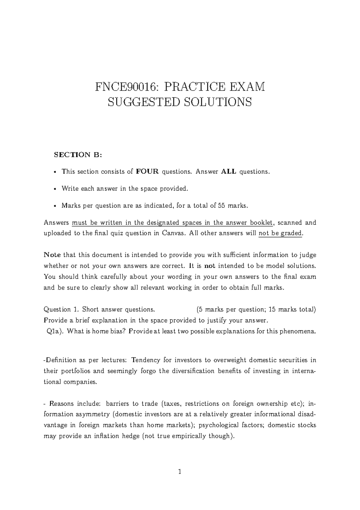 FNCE90016 Practice Exam Suggested Solutions: Detailed Breakdown - Studocu