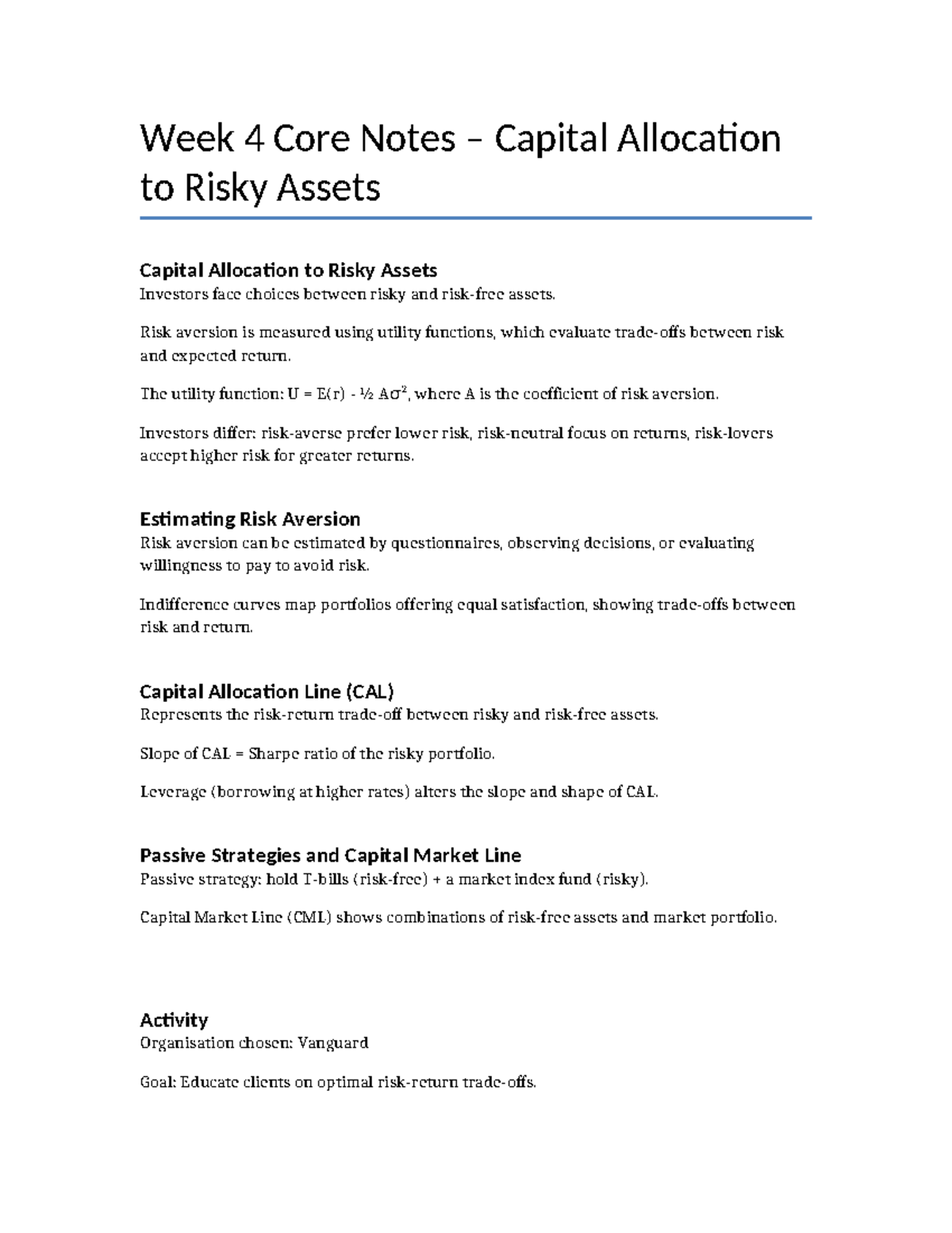 Week 4 Core Notes: Capital Allocation to Risky Assets Analysis - Studocu