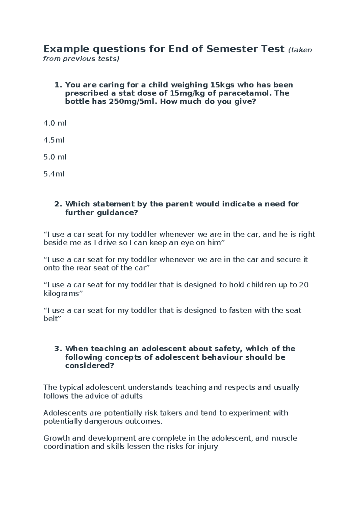 Example Questions for NURS 202 End of Semester Test Prep - Studocu