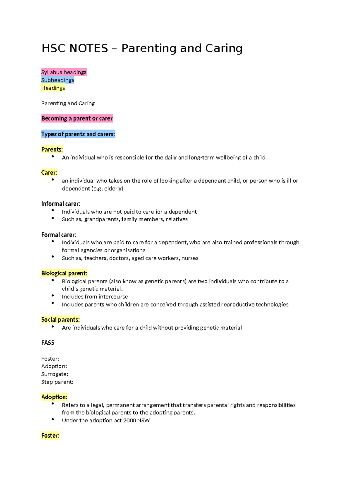 HSC Parenting and Caring Notes: Understanding Roles and ...