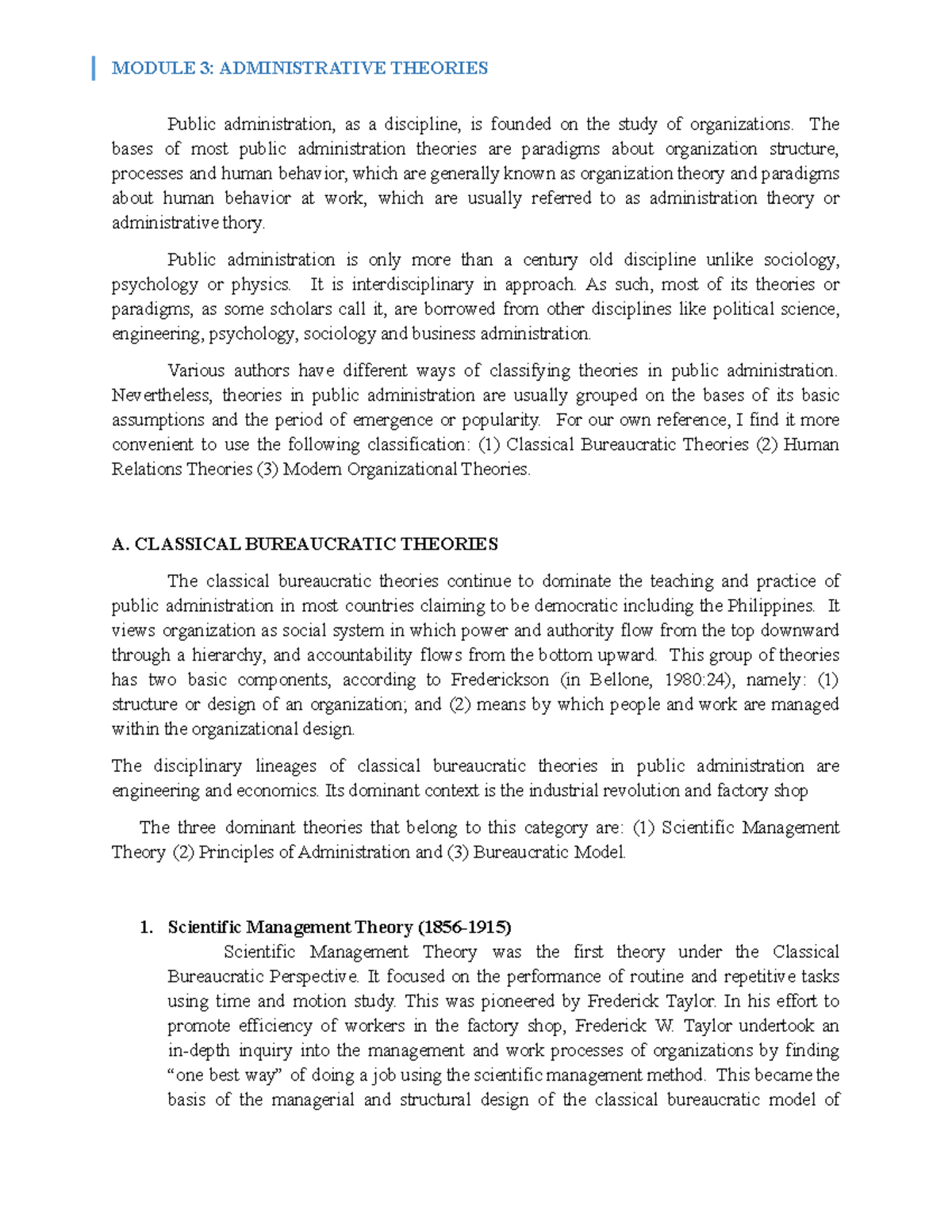 BPA100 - Module 3: Understanding Public Administration Theories - Studocu