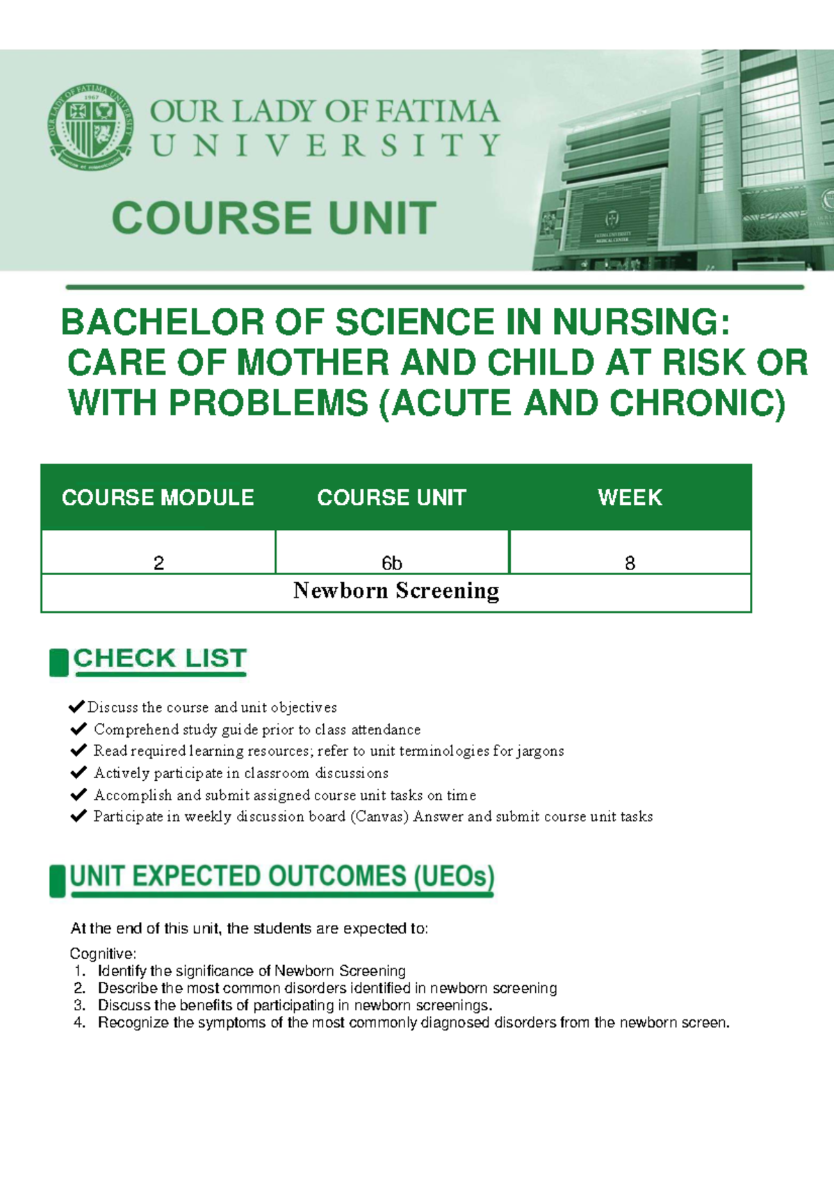 BSN: Week 2 Lecture on Newborn Screening and Disorders (CU6-B) - Studocu