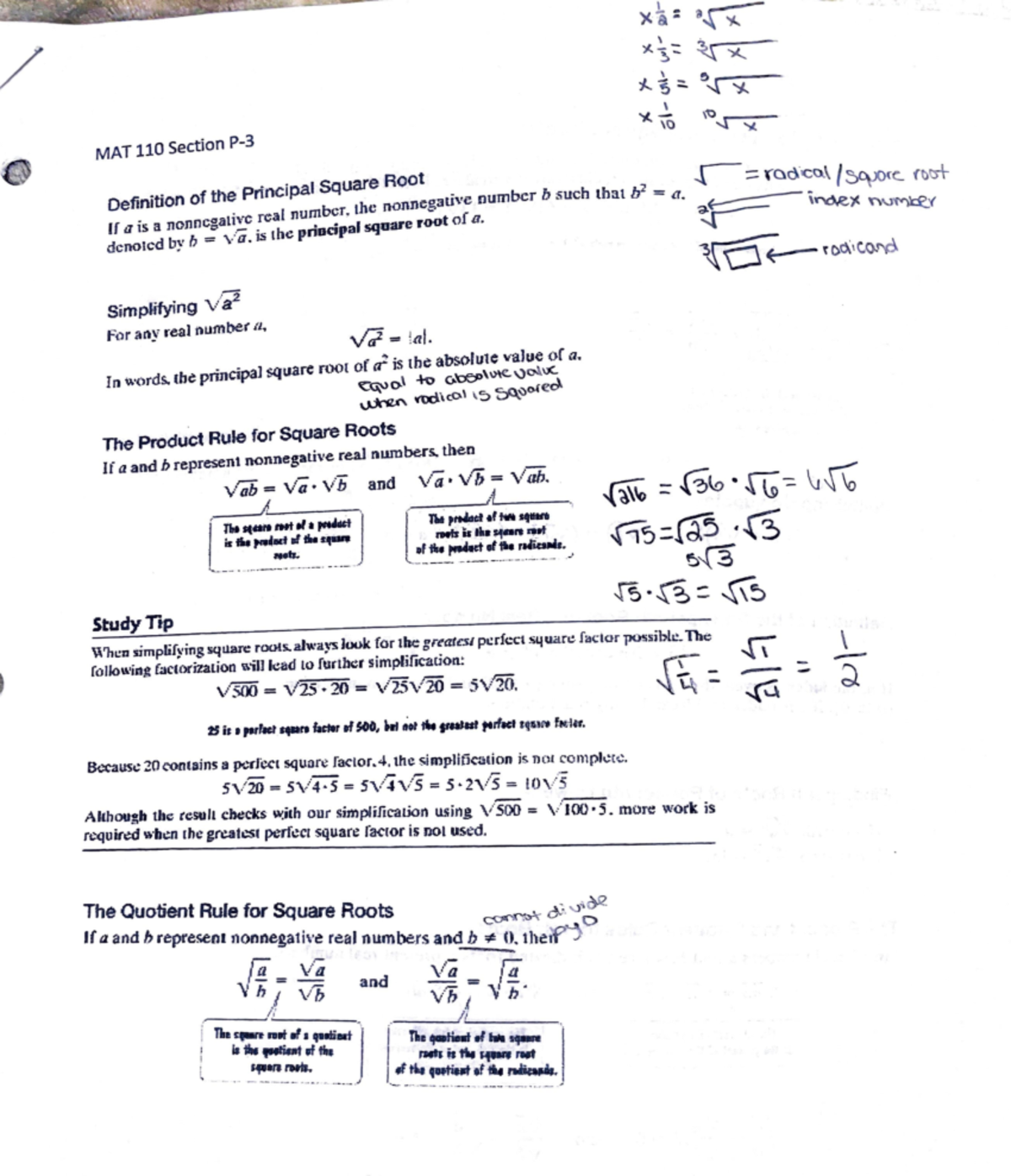 Square root principle notes - I' • MAT 110 Section P- . ipal Square ...