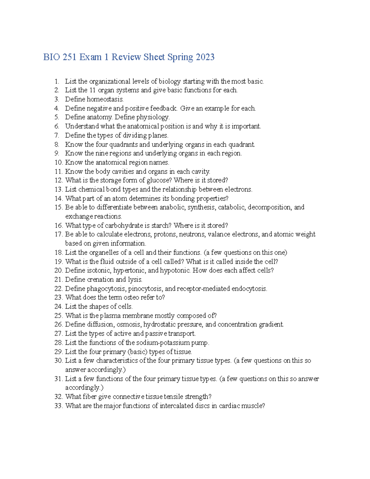 BIO 251 Exam 1 Review Guide for Spring 2023: Key Concepts & Terms - Studocu