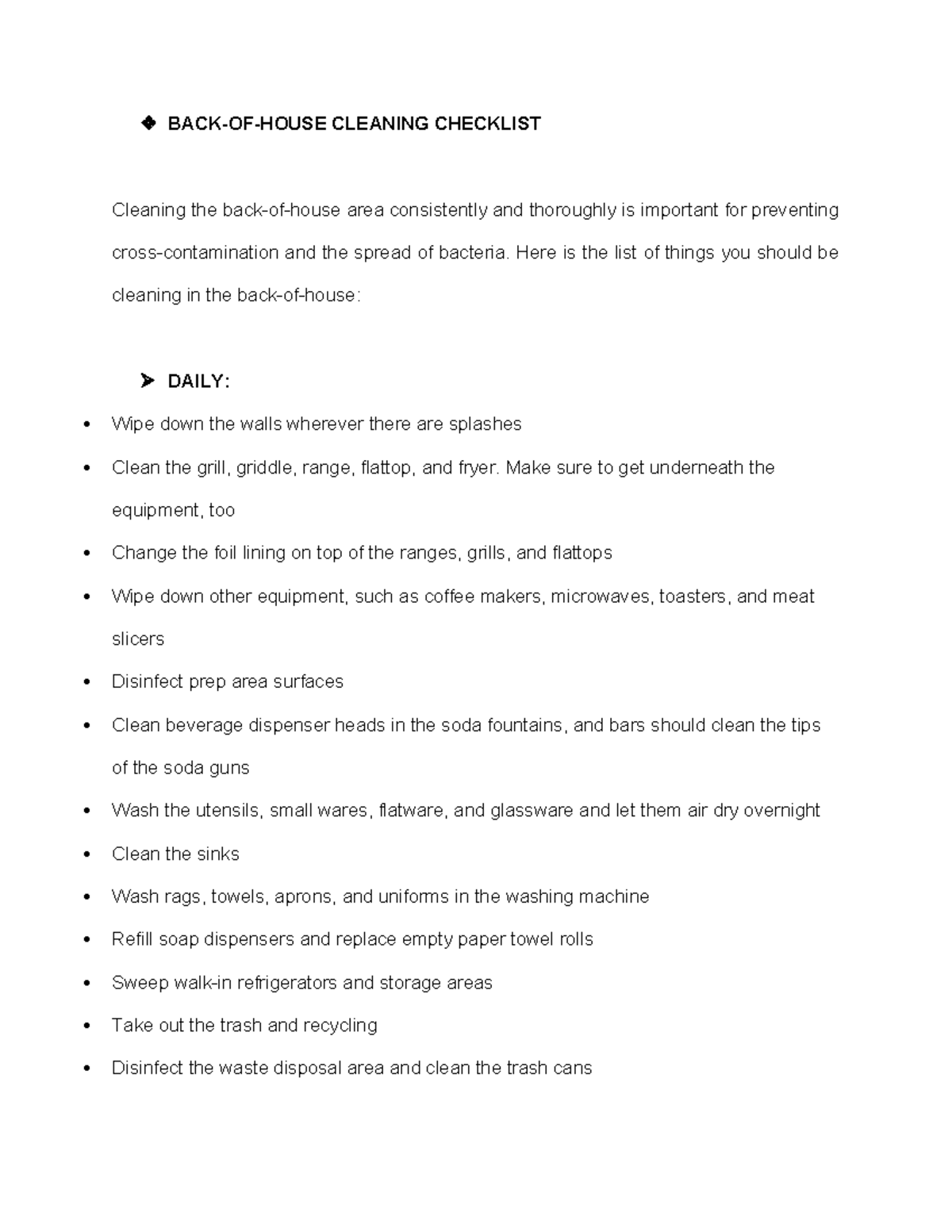 CLEANING CHECKLIST: Daily, Weekly, and Monthly Tasks for Sanitation ...