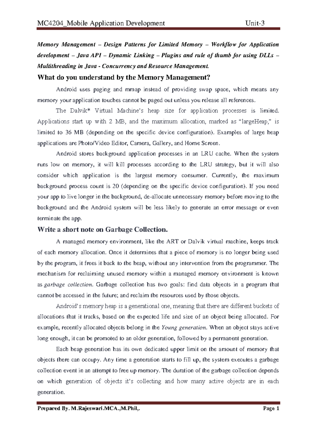 MC4204_Mobile Application Development: Memory Management & Design ...