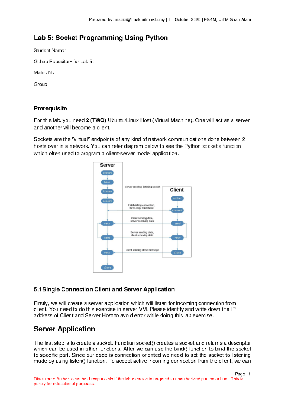 Lab 5 - Socket Programming Using Python - Page | 1 Disclaimer: Author ...