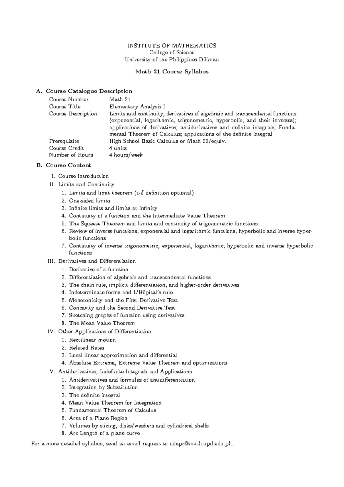 Math-21 - Elementary Analysis I Course Syllabus Overview - Studocu