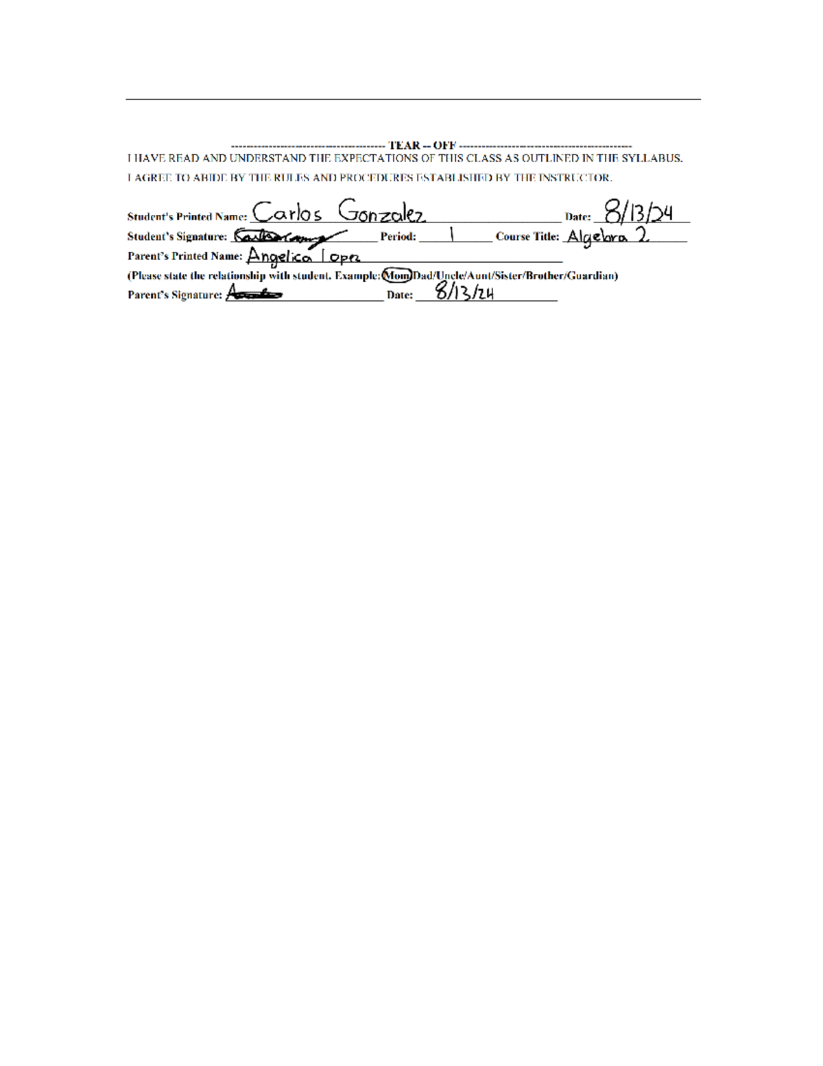 Algebra 2 Syllabus Acknowledgment Form and Signatures - Studocu