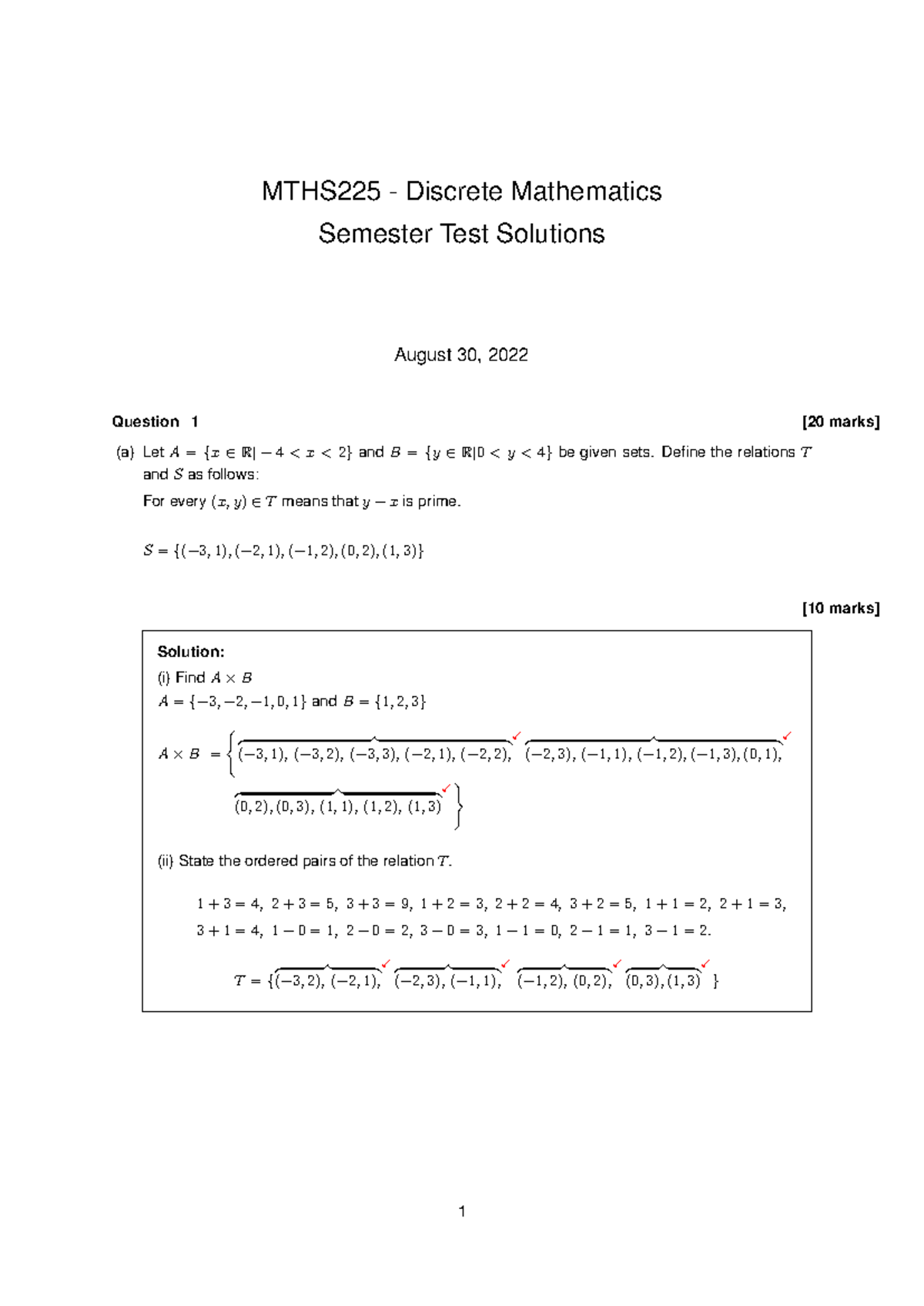 MTHS225 Discrete Mathematics Semester Test Memo Solutions 2022 - Studocu