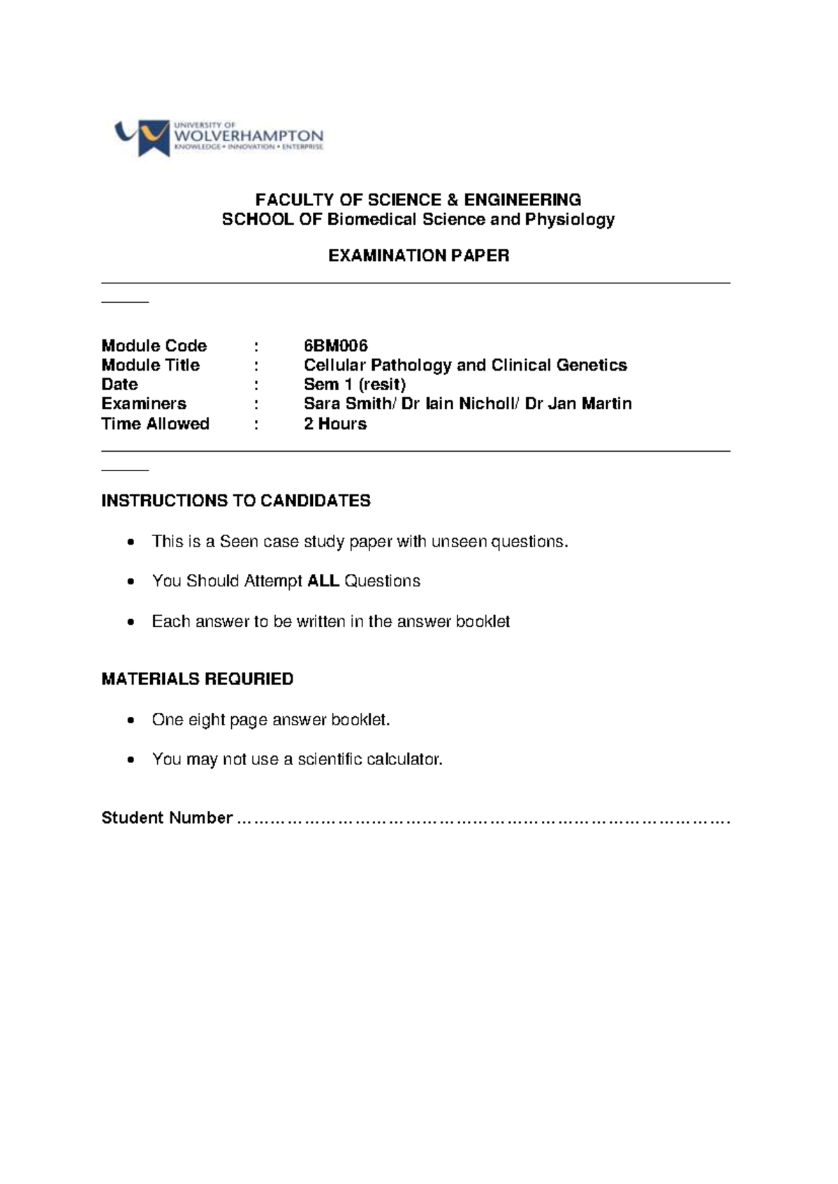 6BM006 Cellular Pathology & Clinical Genetics Resit Examination Paper ...