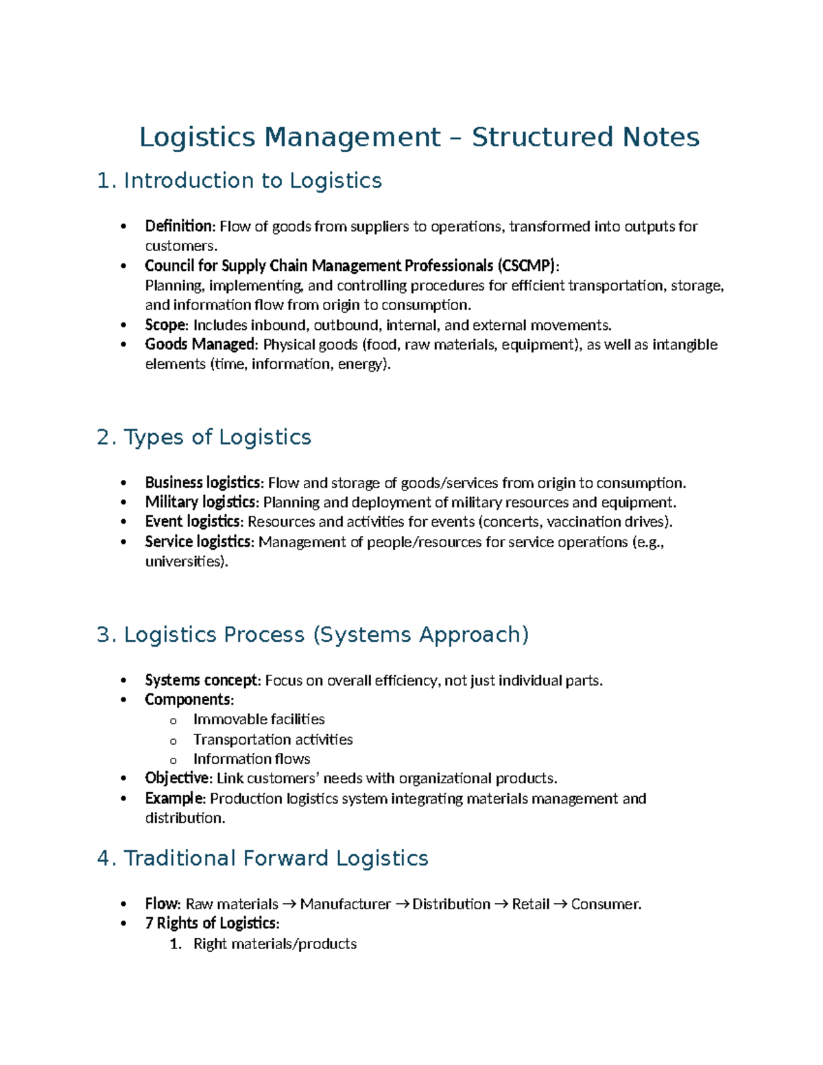 BMAN 111 Chapter 4: Comprehensive Notes on Logistics Management - Studocu