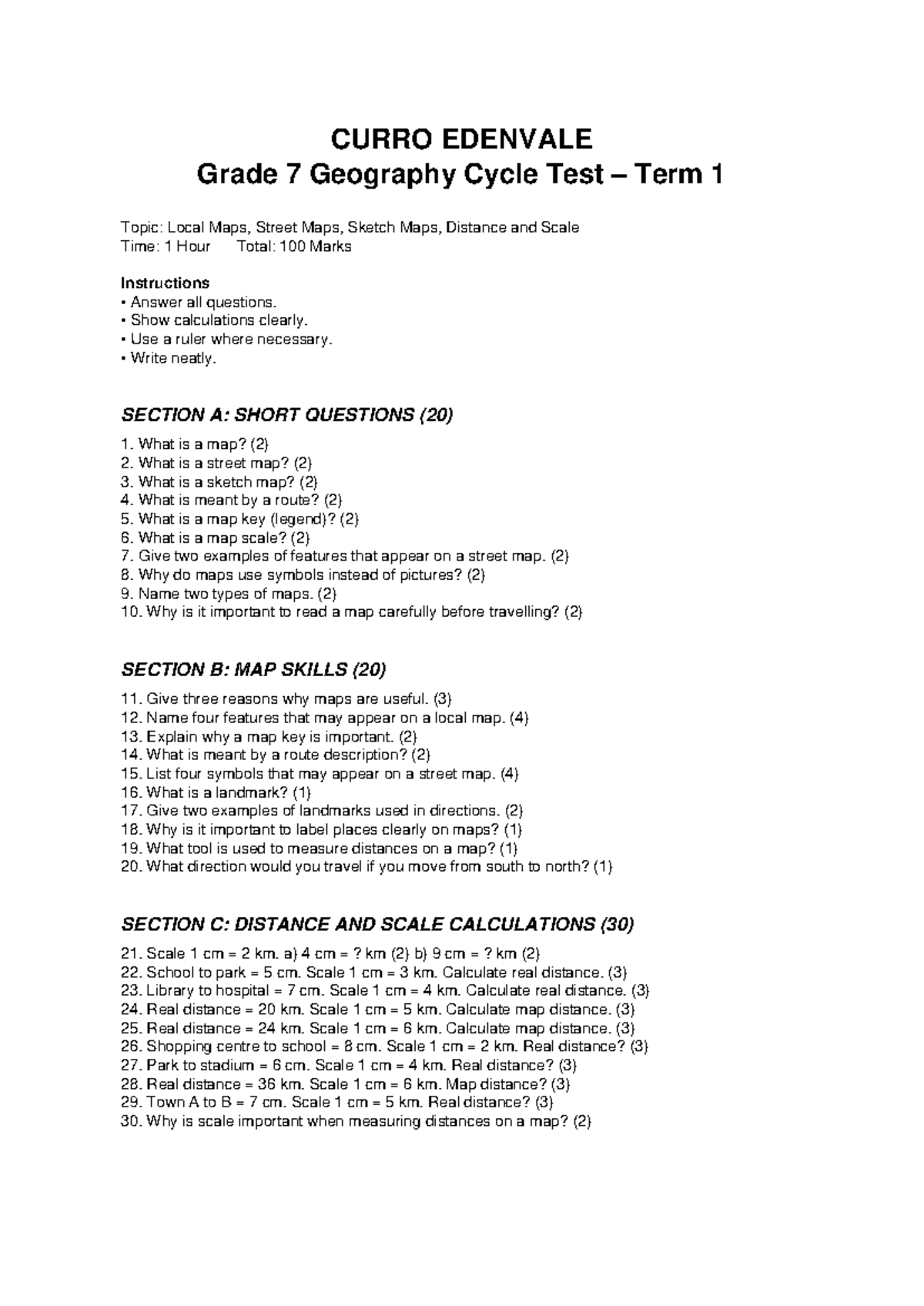 CURRO EDENVALE Grade 7 Geography Term 1 Cycle Test: Maps & Scale - Studocu