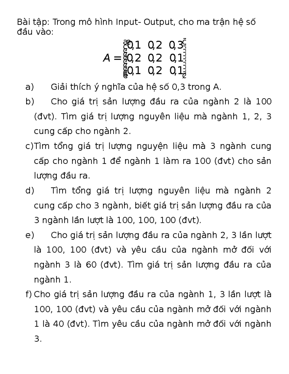 Bài tập Input-Output trong Toán Cao Cấp: Phân Tích và Giải Quyết - Studocu