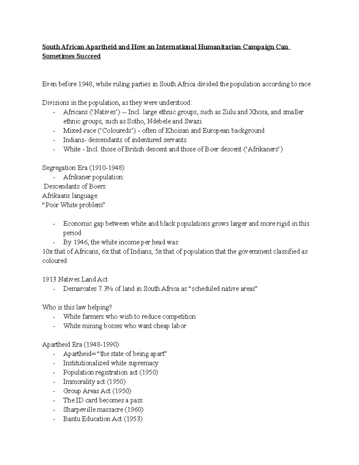 HIST 2312 Final Exam Notes: South African Apartheid Overview - Studocu