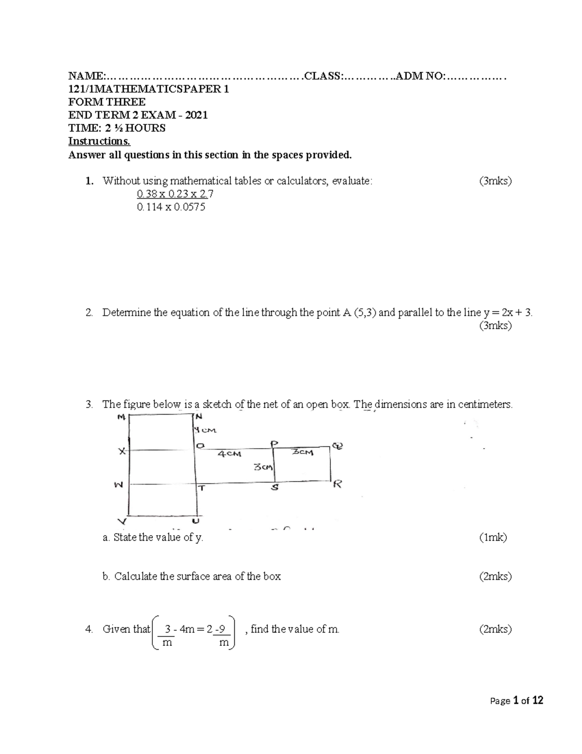 F3 Maths End Term 2 Exam Paper 1 - 2021 QNs - Studocu