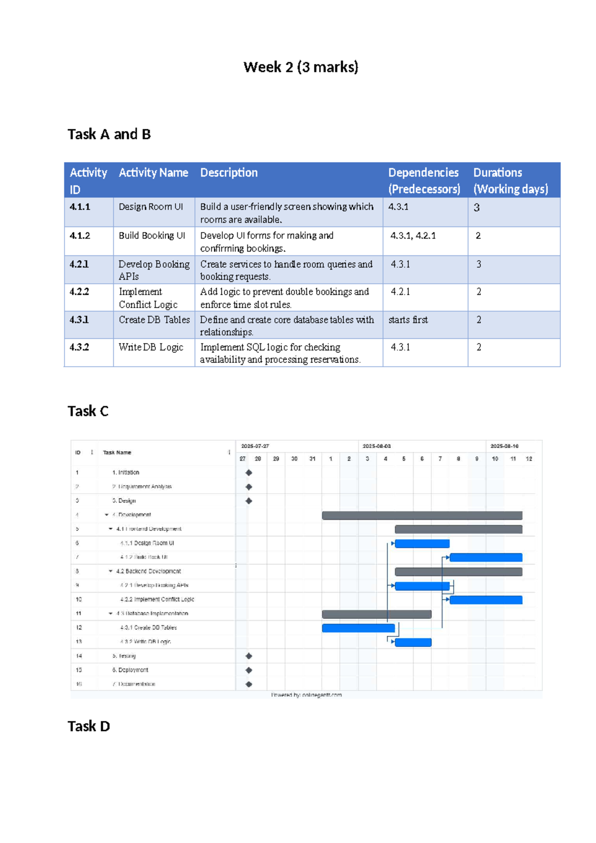 Week 2 (3 marks) Weekly Assessment: Task A, B, C, and D Activities ...